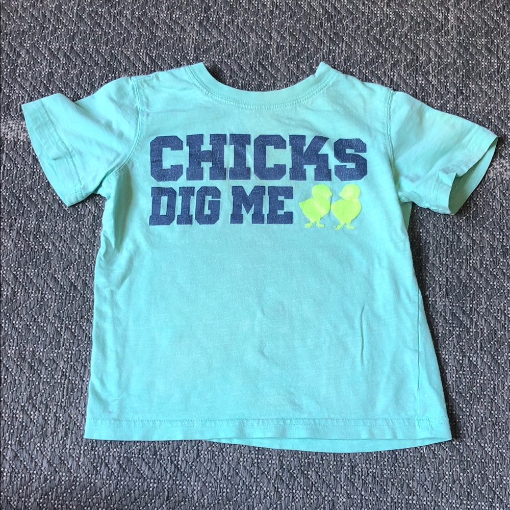 Carter's turquoise tee with navy "Chicks Dig Me" and yellow chicks